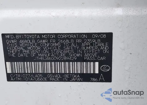 2009 Lexus Es 350 from USA, damaged, VIN JTHBJ46G092289429